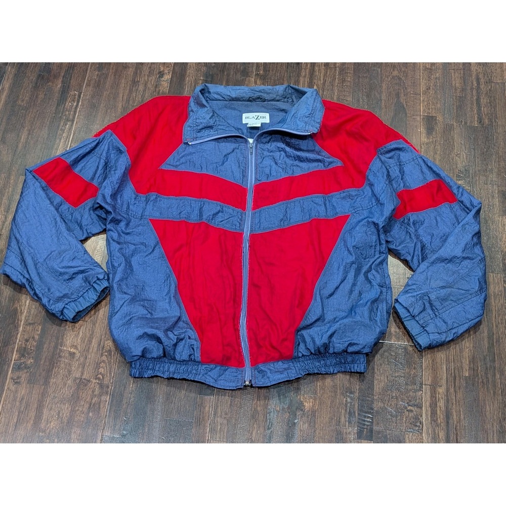 Blazer Jacket Mens XL Blue Red Colorblock Track Windbreaker Full Zip Nylon Lined